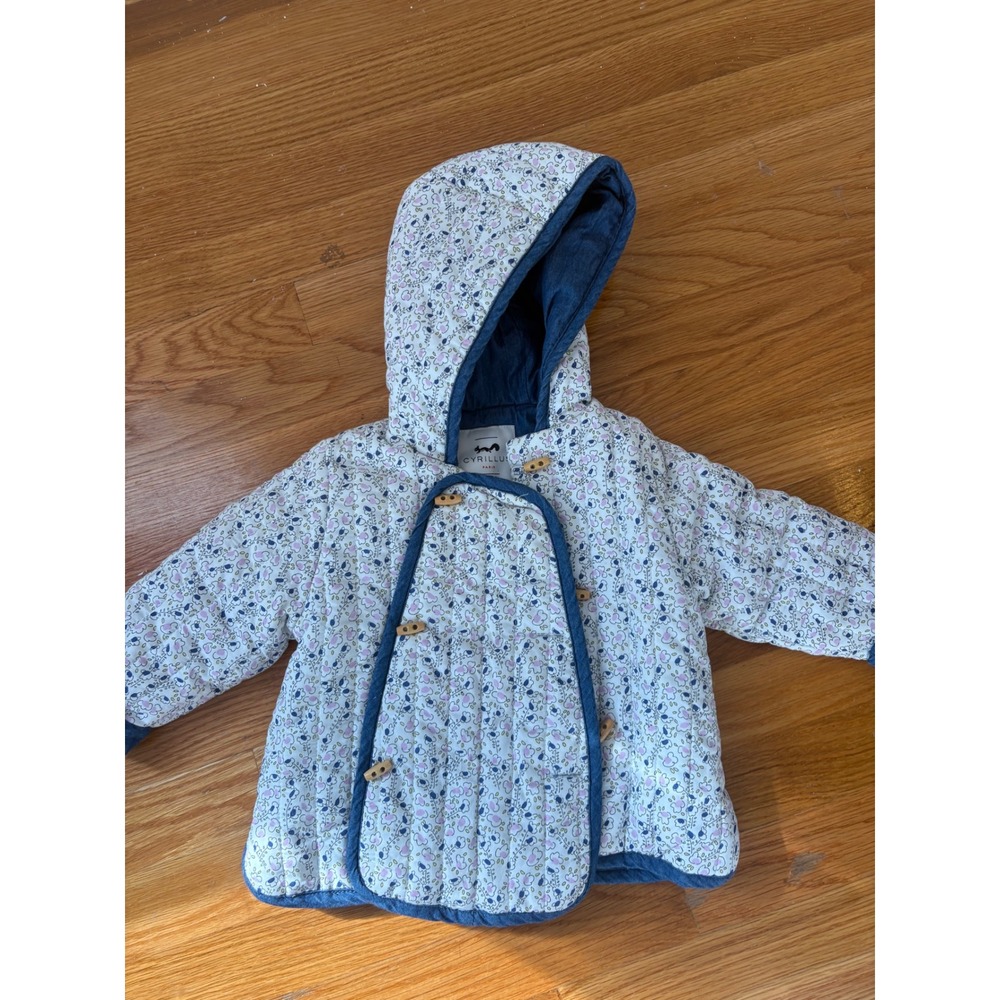 Cyrillus Paris Toddler Girls Floral Quilted Hooded Jacket Wooden Toggles 24M